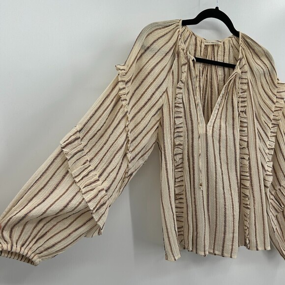 ULLA JOHNSON Liana Blouse Cream Rose Gold Metallic Stripe Ruffle Boho Oversize 4 - Picture 5 of 7